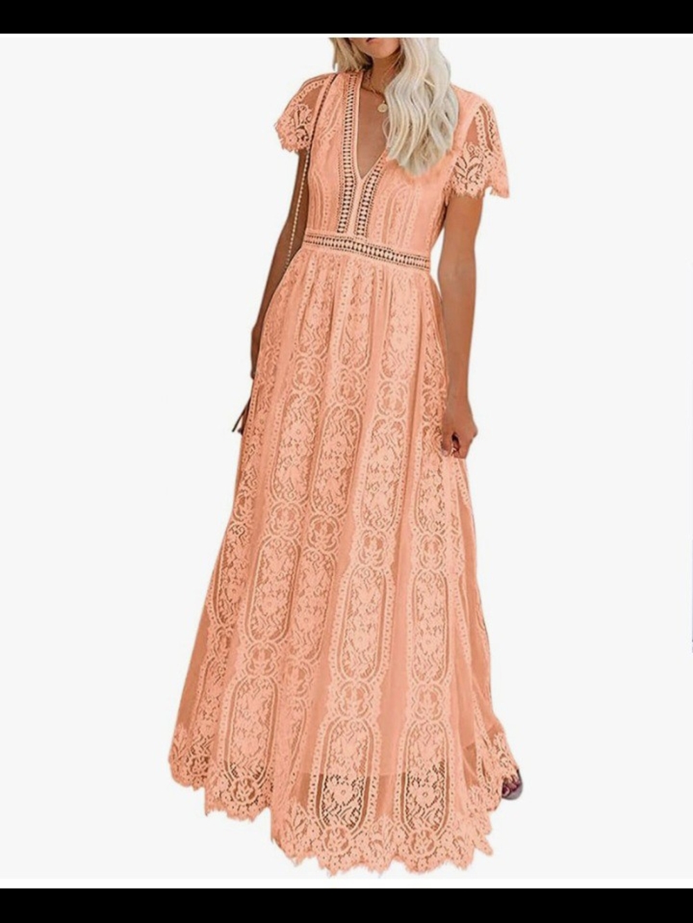 Peach Blush Lace Maxi Dress with Crochet Trim - Picture 1 of 6